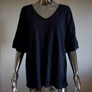 Navy V-Neck Short Sleeve Linen Blouse